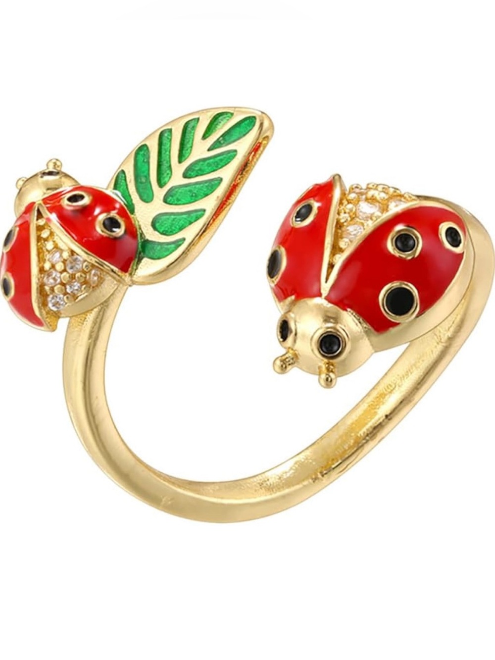 Ladybug Leaf Gold Tone Ring with Red Enamel